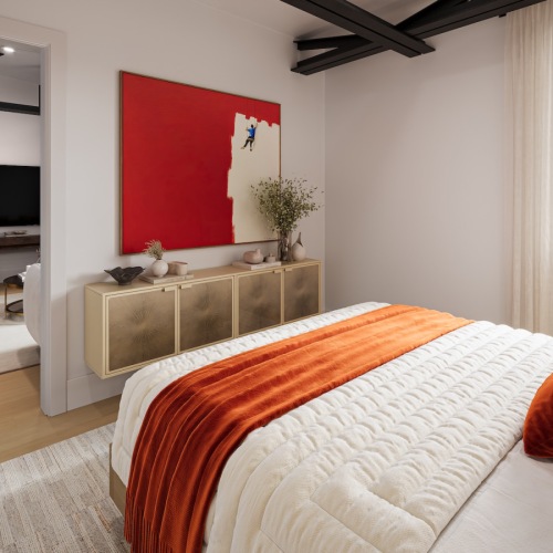 Bedroom with natural lighting and high ceilings