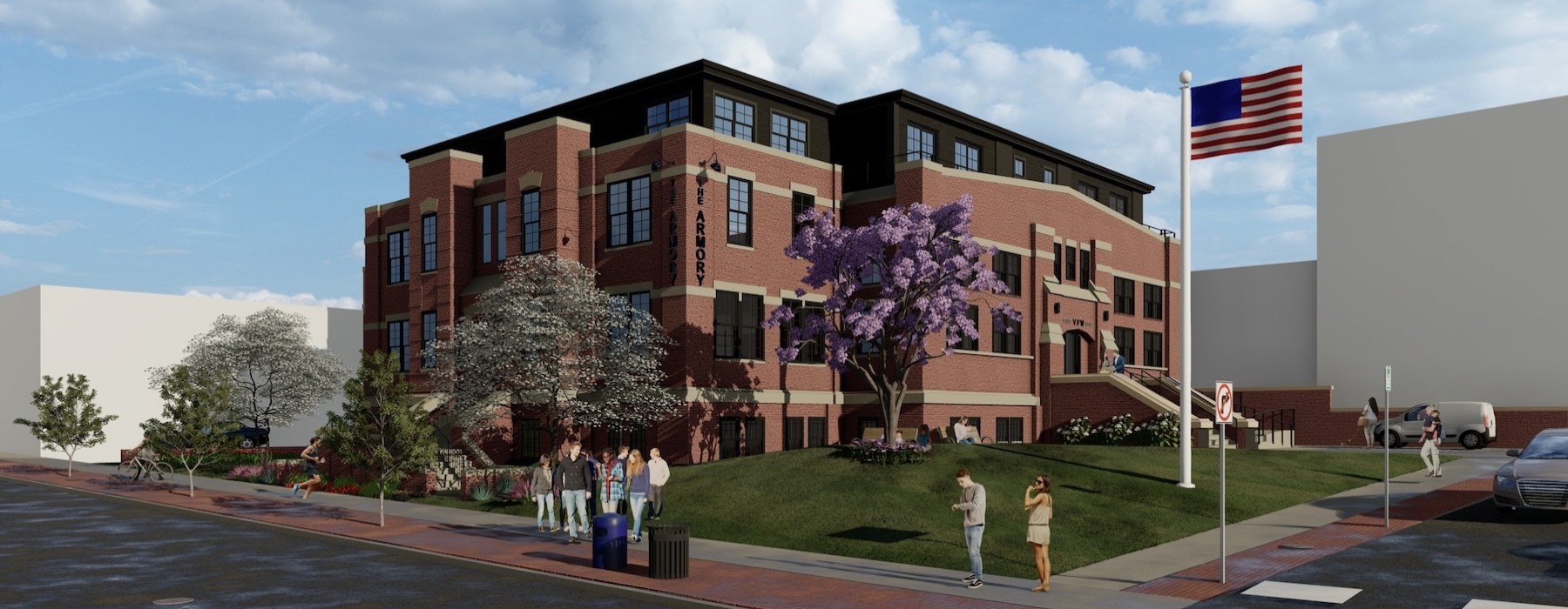 a building with a flag