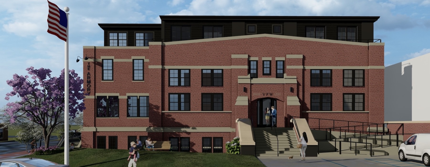 a brick building with a flag on the front