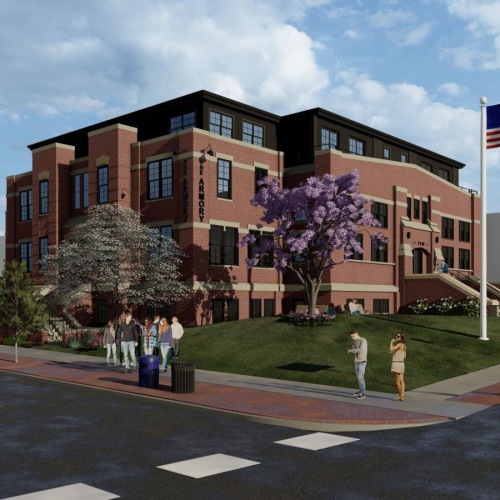 a building with a flag