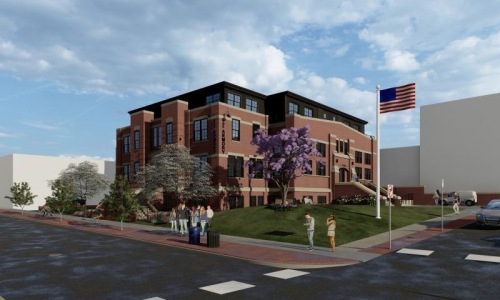 a building with a flag