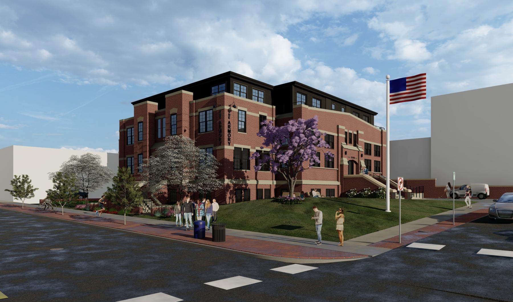 a building with a flag